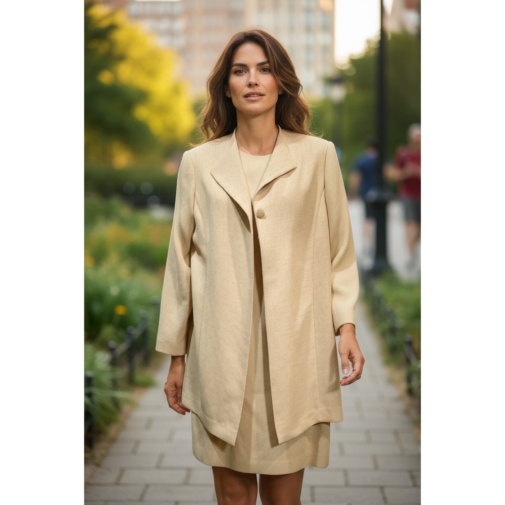 Talbots Petites Womens Suit Set Jacket Dress Beige‎ Linen Blend Size 6